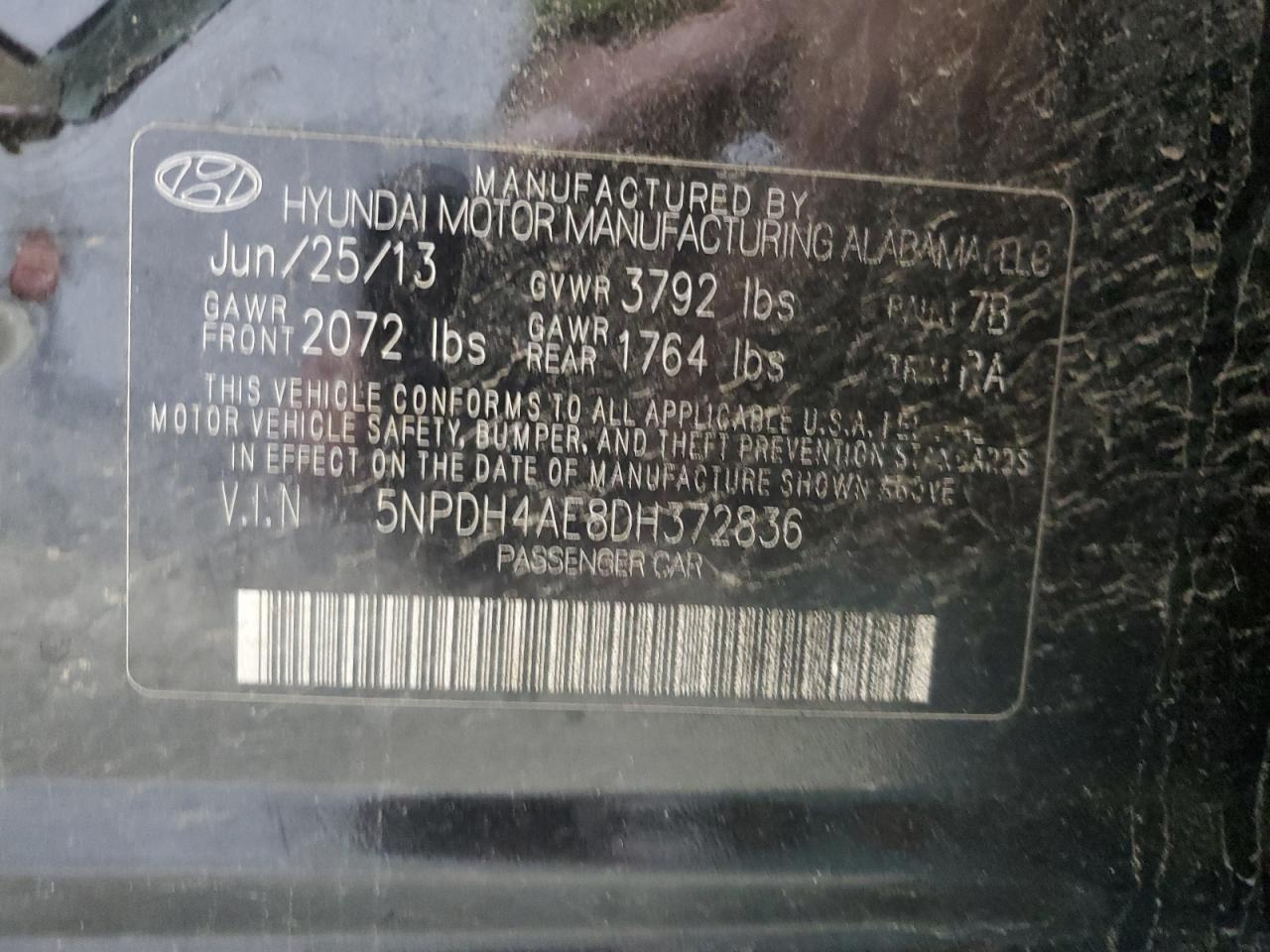 2013 Hyundai Elantra Gls VIN: 5NPDH4AE8DH372836 Lot: 80601625