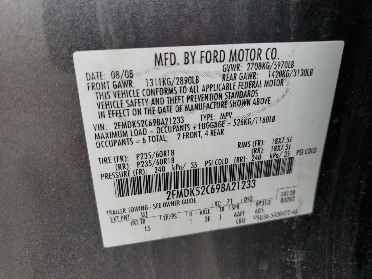 2009 Ford Flex Sel VIN: 2FMDK52C69BA21233 Lot: 84055215