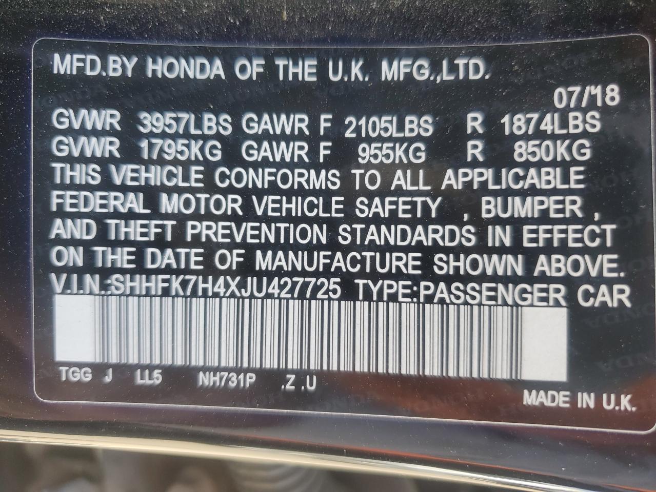 2018 Honda Civic Sport VIN: SHHFK7H4XJU427725 Lot: 80576475