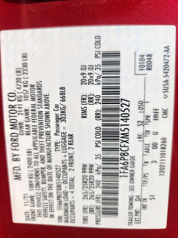 2021 Ford Mustang Gt VIN: 1FA6P8CFXM5140527 Lot: 84394425