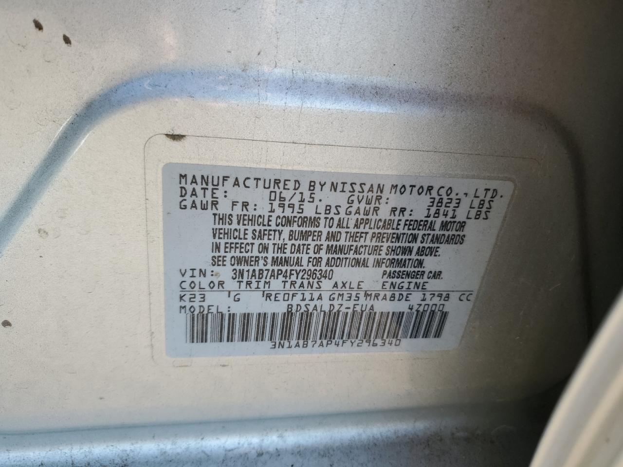 2015 Nissan Sentra S VIN: 3N1AB7AP4FY296340 Lot: 71131035