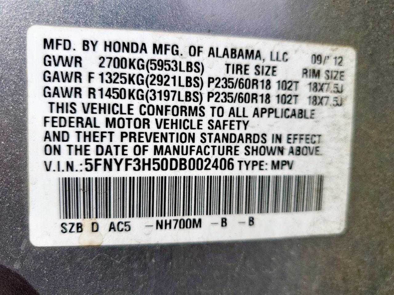 2013 Honda Pilot Exl VIN: 5FNYF3H50DB002406 Lot: 82057785