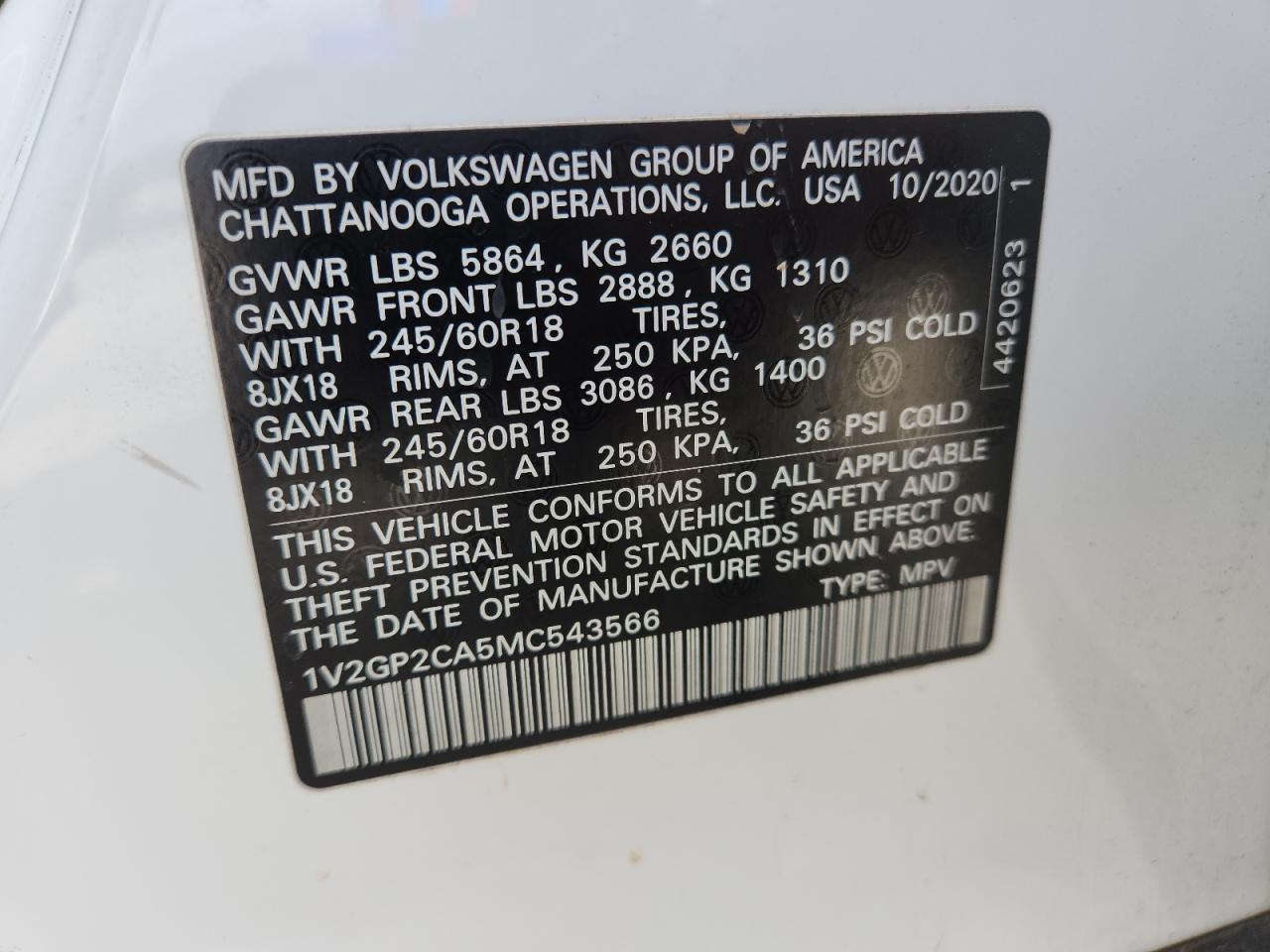 2021 Volkswagen Atlas S VIN: 1V2GP2CA5MC543566 Lot: 72059145