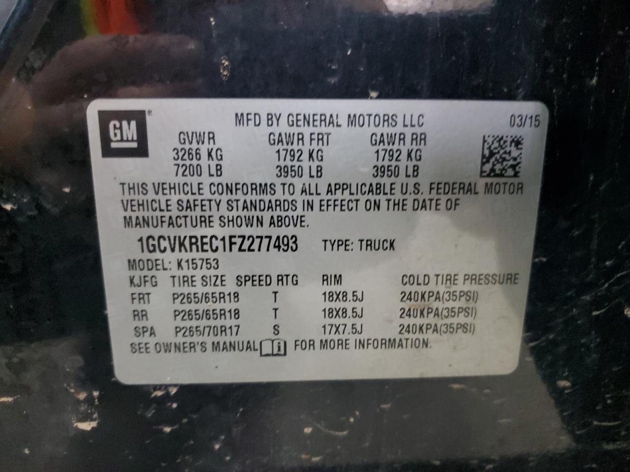 2015 Chevrolet Silverado K1500 Lt VIN: 1GCVKREC1FZ277493 Lot: 81589695