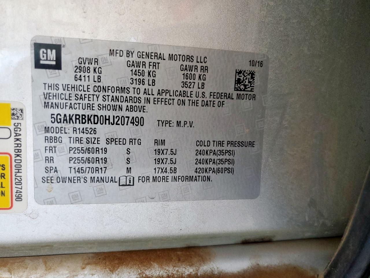 2017 Buick Enclave VIN: 5GAKRBKD0HJ207490 Lot: 84191795