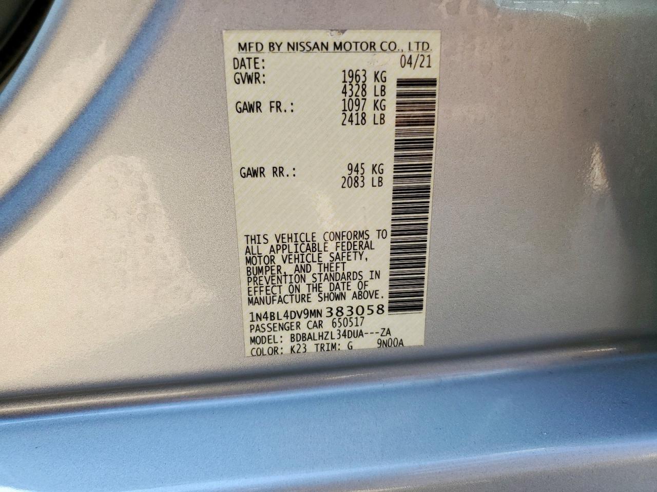 2021 Nissan Altima Sv VIN: 1N4BL4DV9MN383058 Lot: 81578075