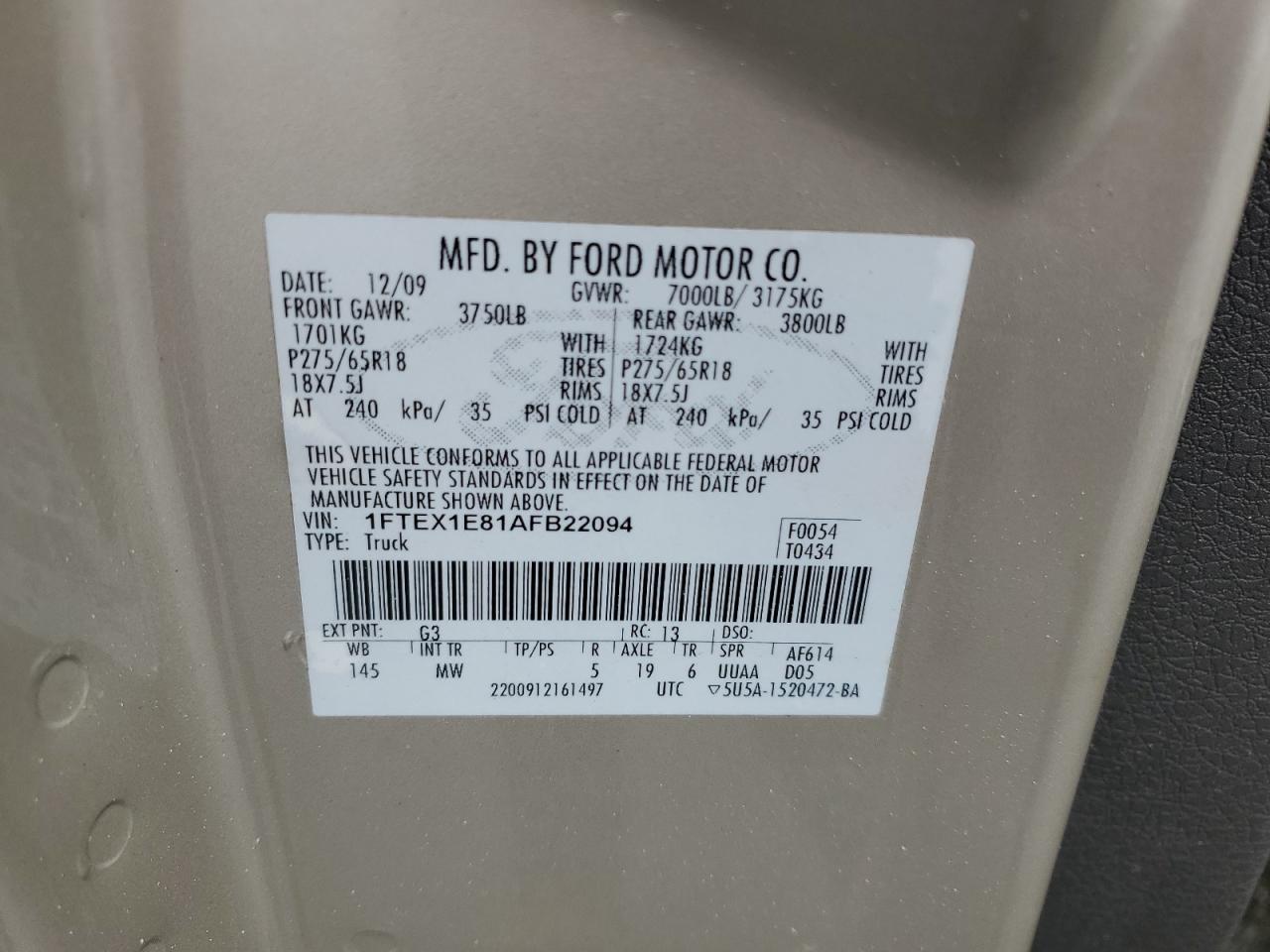 2010 Ford F150 Super Cab VIN: 1FTEX1E81AFB22094 Lot: 72089505