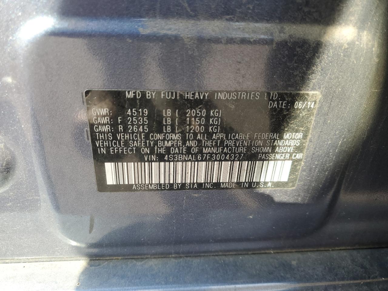 2015 Subaru Legacy 2.5I Limited VIN: 4S3BNAL67F3004327 Lot: 71978955