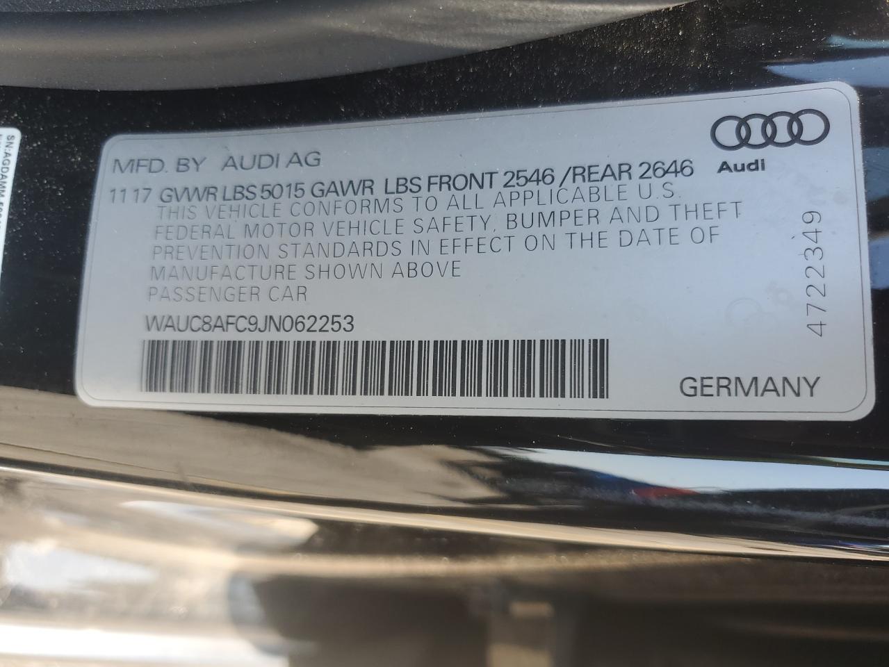 2018 Audi A6 Premium VIN: WAUC8AFC9JN062253 Lot: 71741455