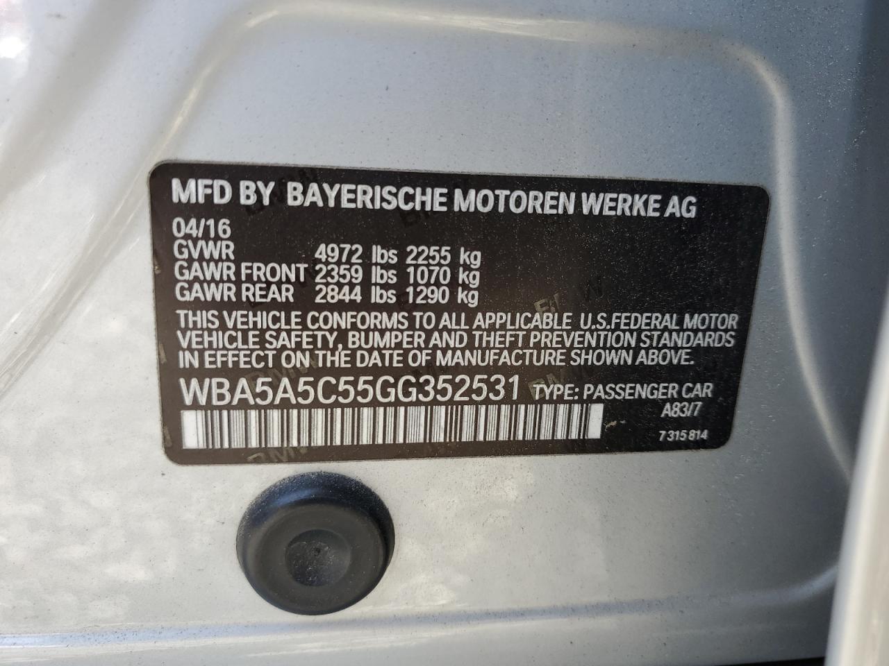 2016 BMW 528 I VIN: WBA5A5C55GG352531 Lot: 80345235