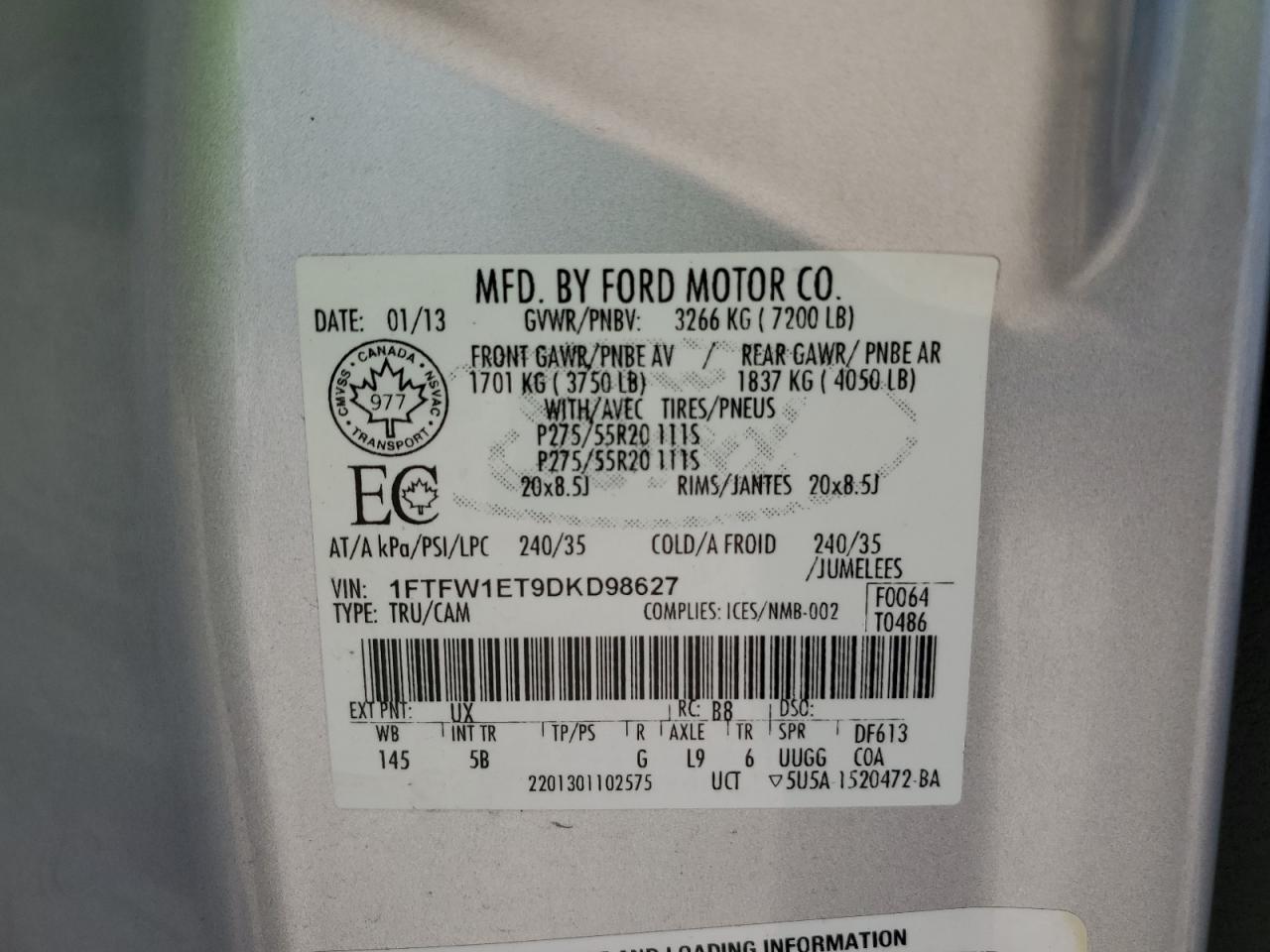 2013 Ford F150 Supercrew VIN: 1FTFW1ET9DKD98627 Lot: 70766665