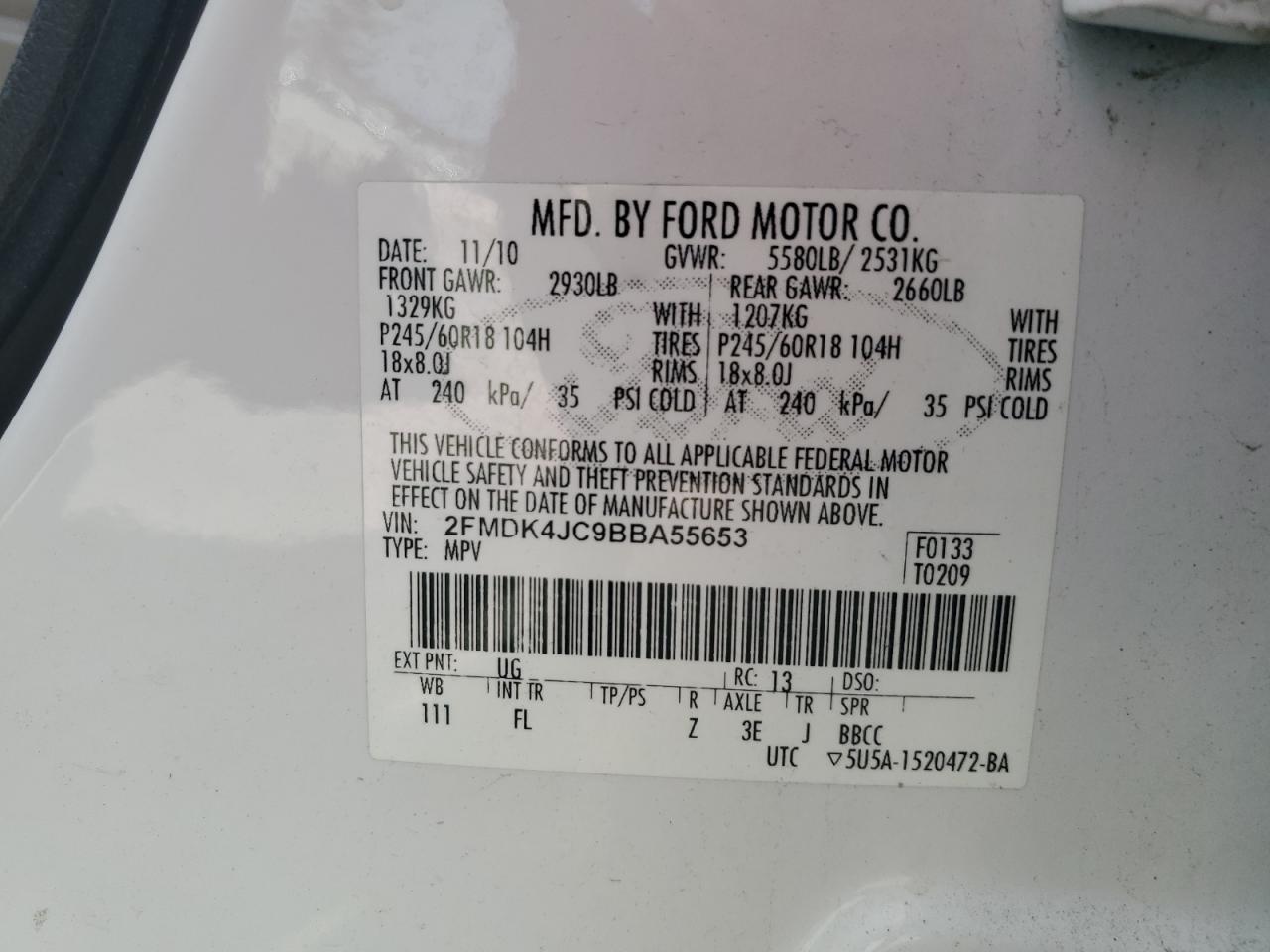 2011 Ford Edge Sel VIN: 2FMDK4JC9BBA55653 Lot: 71914515