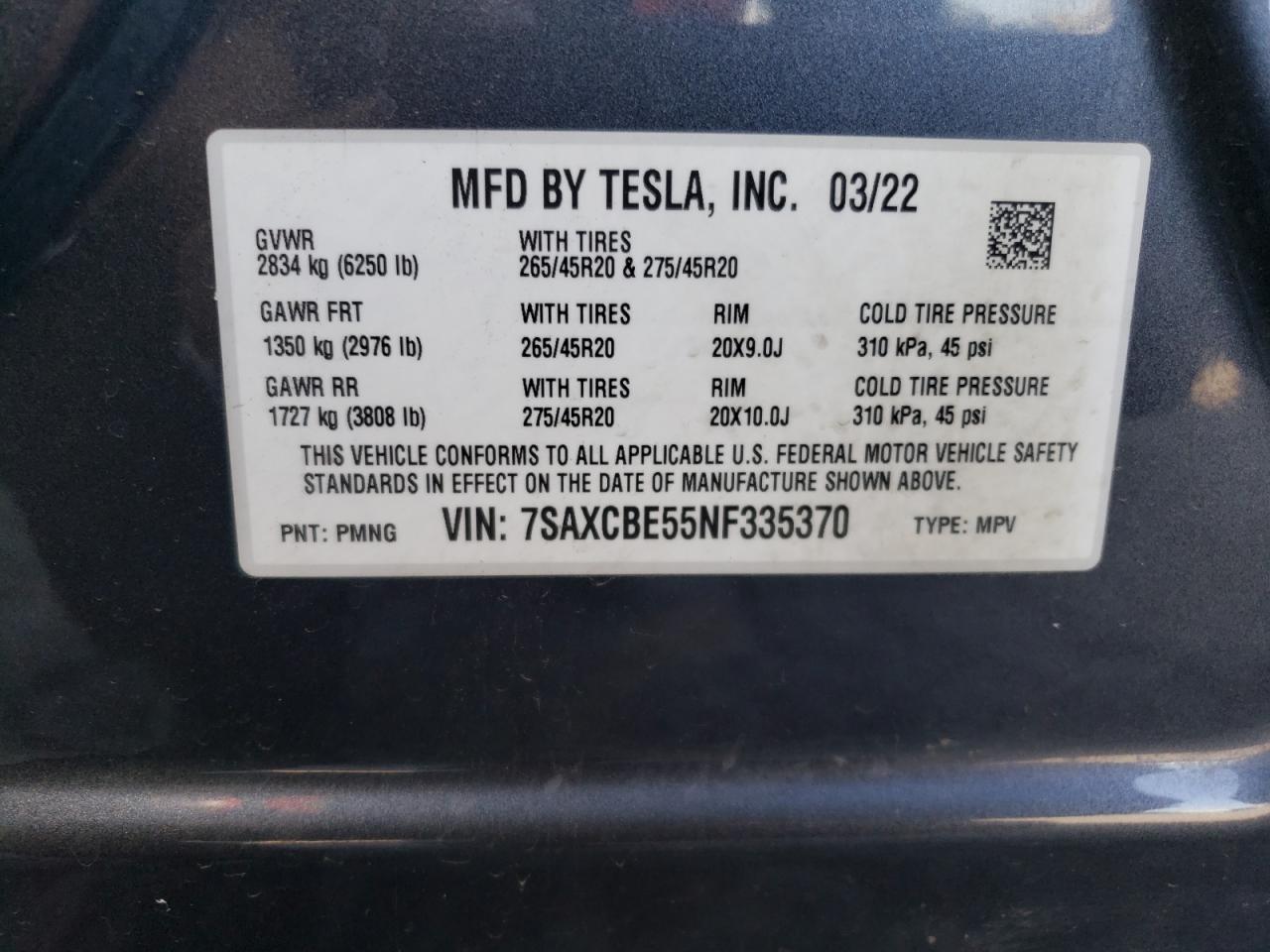 2022 Tesla Model X VIN: 7SAXCBE55NF335370 Lot: 70484675