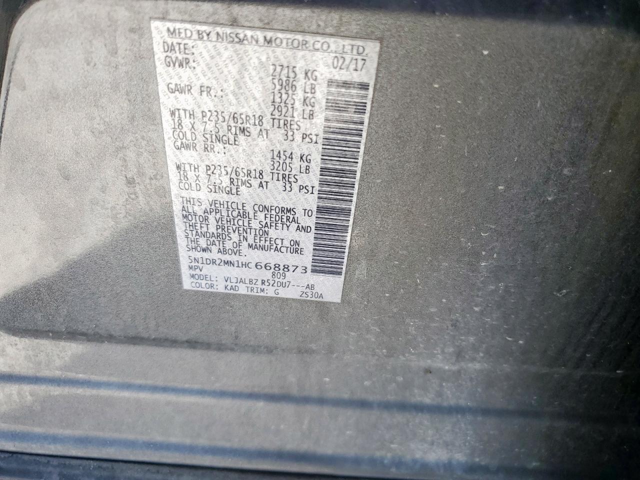 2017 Nissan Pathfinder S VIN: 5N1DR2MN1HC668873 Lot: 80412325