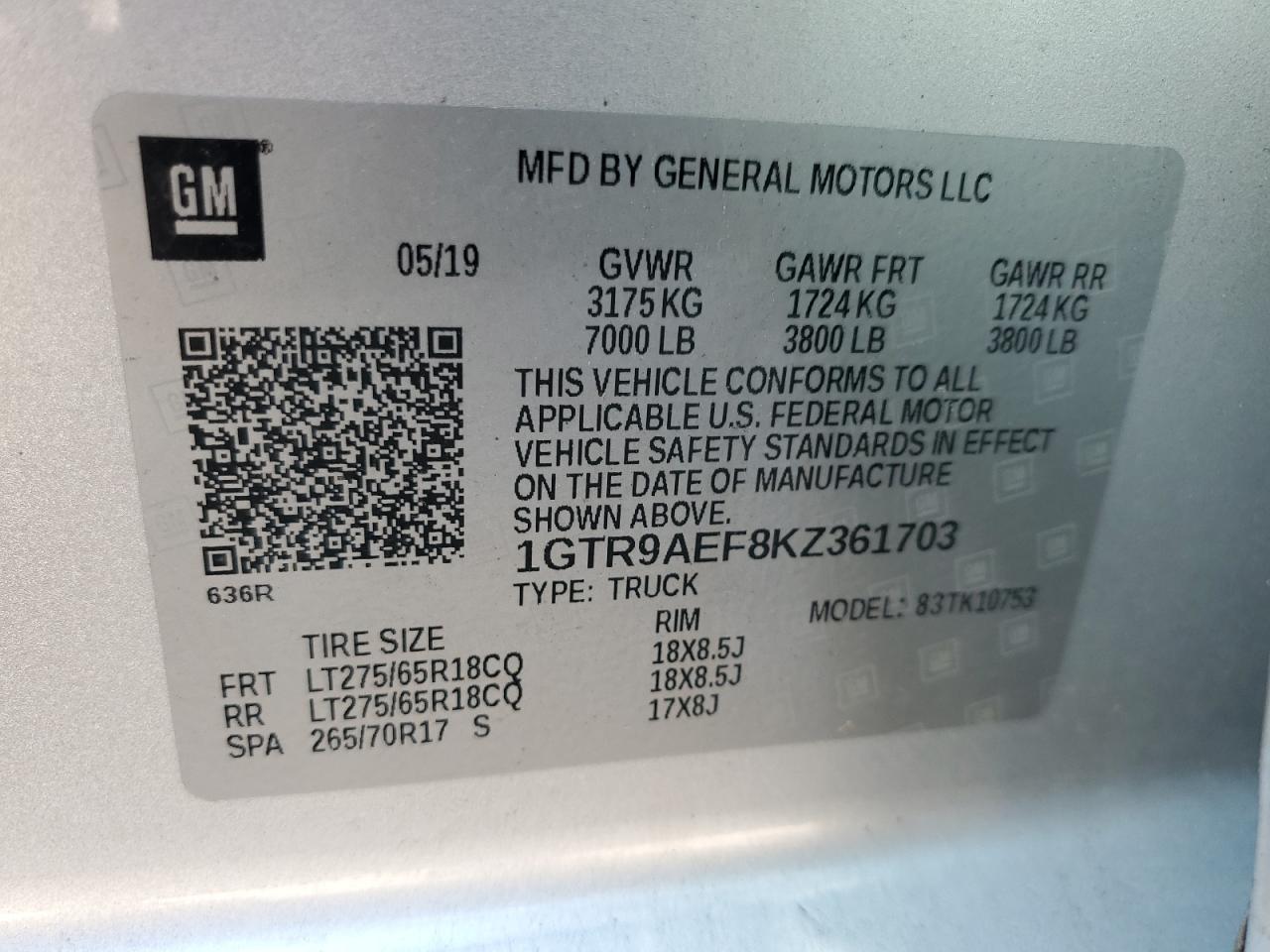 2019 GMC Sierra K1500 VIN: 1GTR9AEF8KZ361703 Lot: 81617905