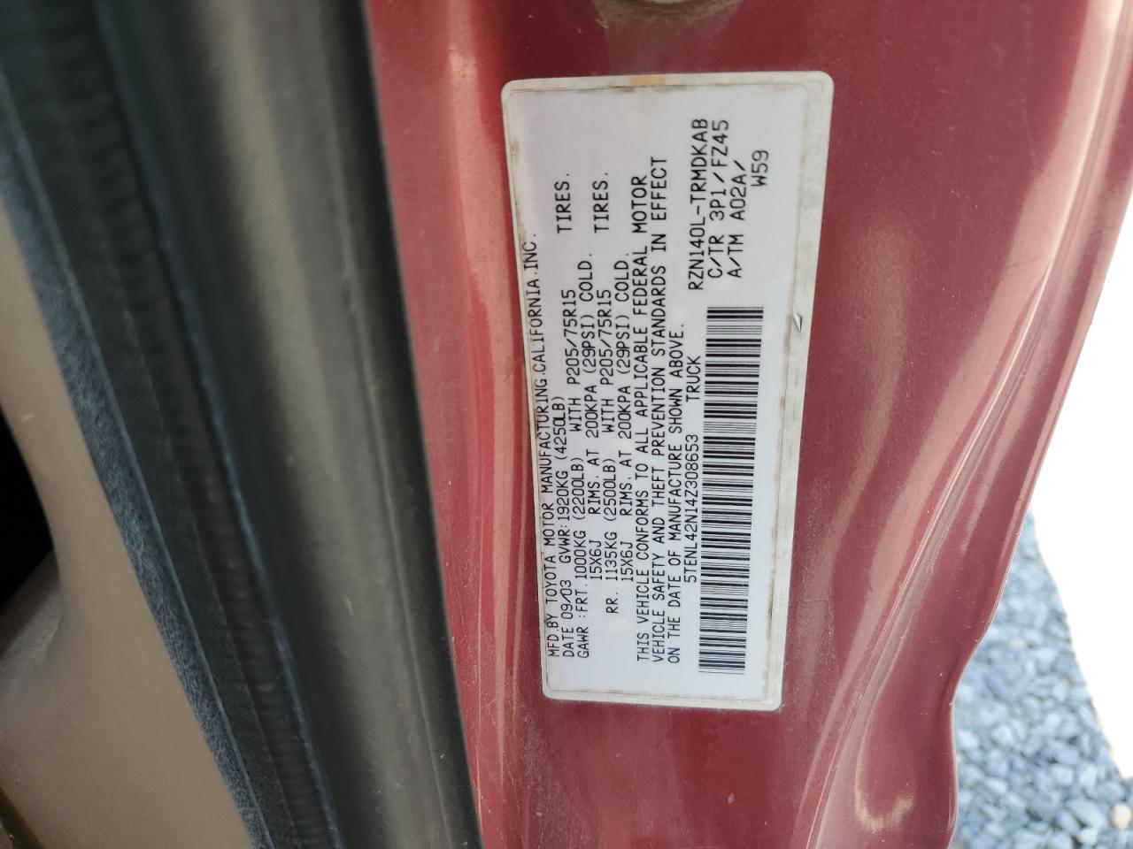 2004 Toyota Tacoma VIN: 5TENL42N14Z308653 Lot: 83868635