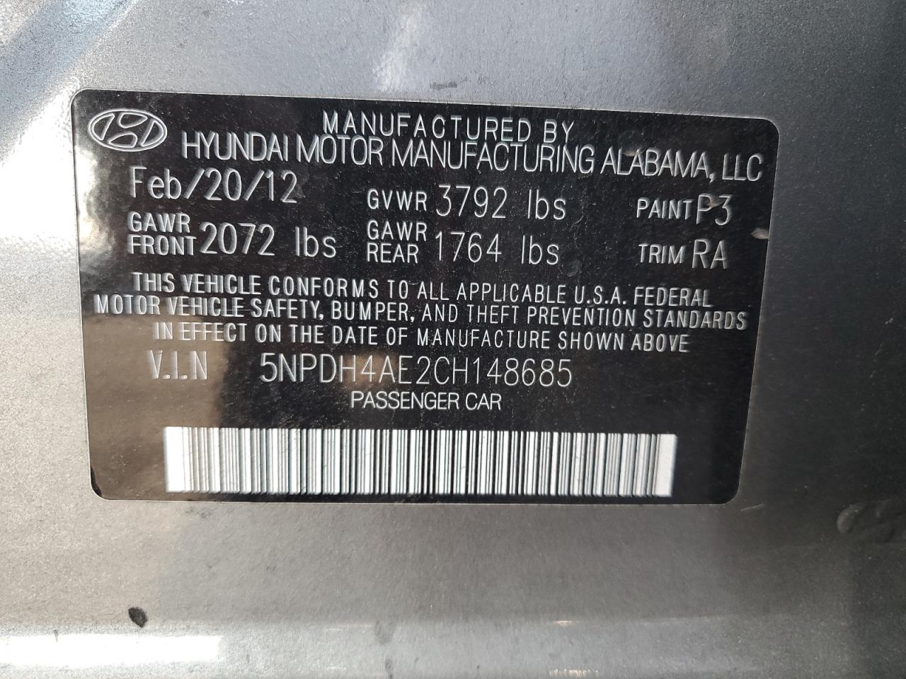 2012 Hyundai Elantra Gls VIN: 5NPDH4AE2CH148685 Lot: 80058745