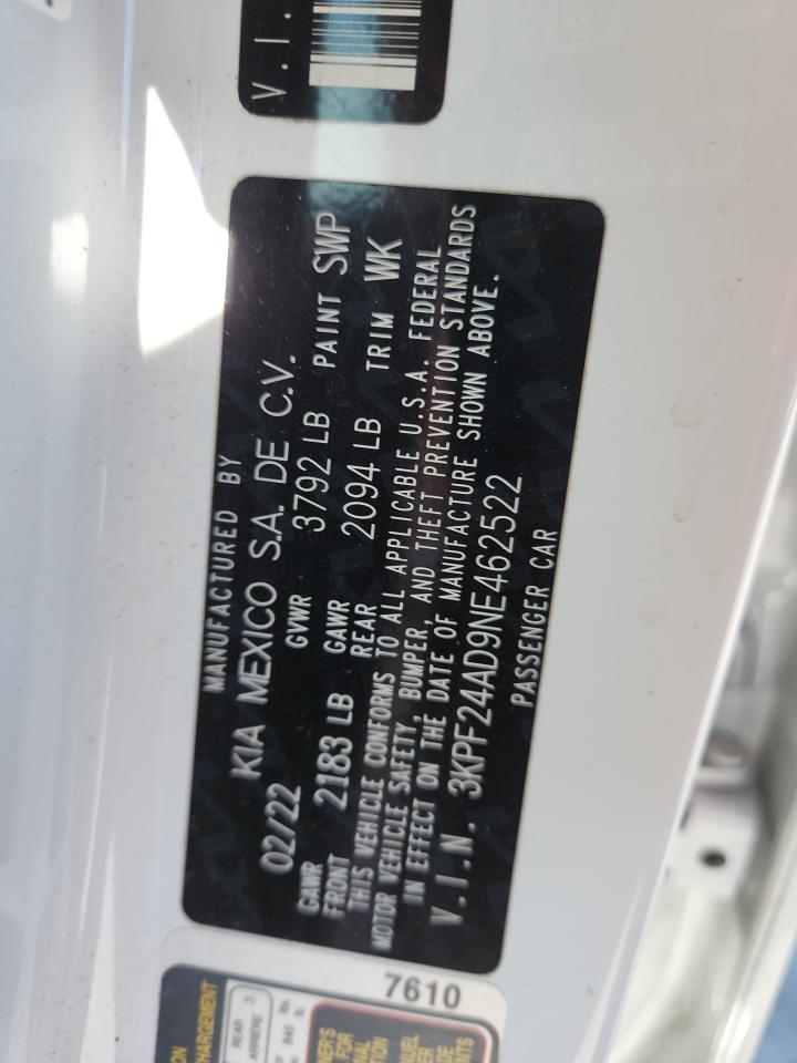 2022 Kia Forte Fe VIN: 3KPF24AD9NE462522 Lot: 81389215