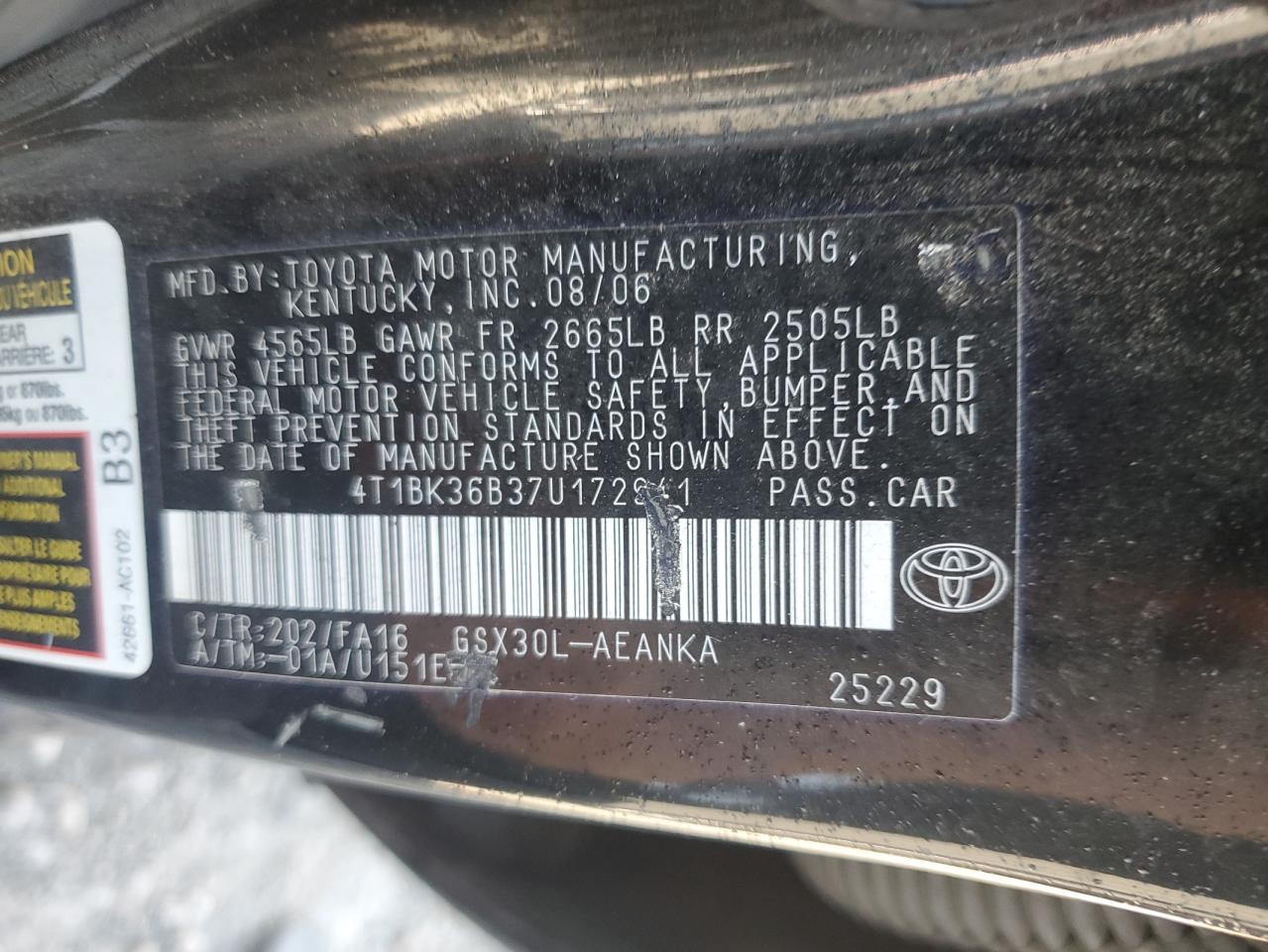 2007 Toyota Avalon Xl VIN: 4T1BK36B37U172941 Lot: 84174015