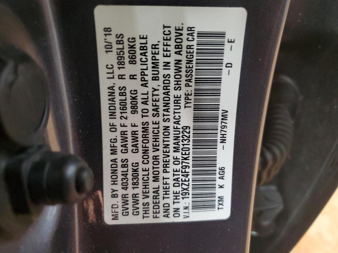 2019 Honda Insight Touring VIN: 19XZE4F97KE013229 Lot: 70897515