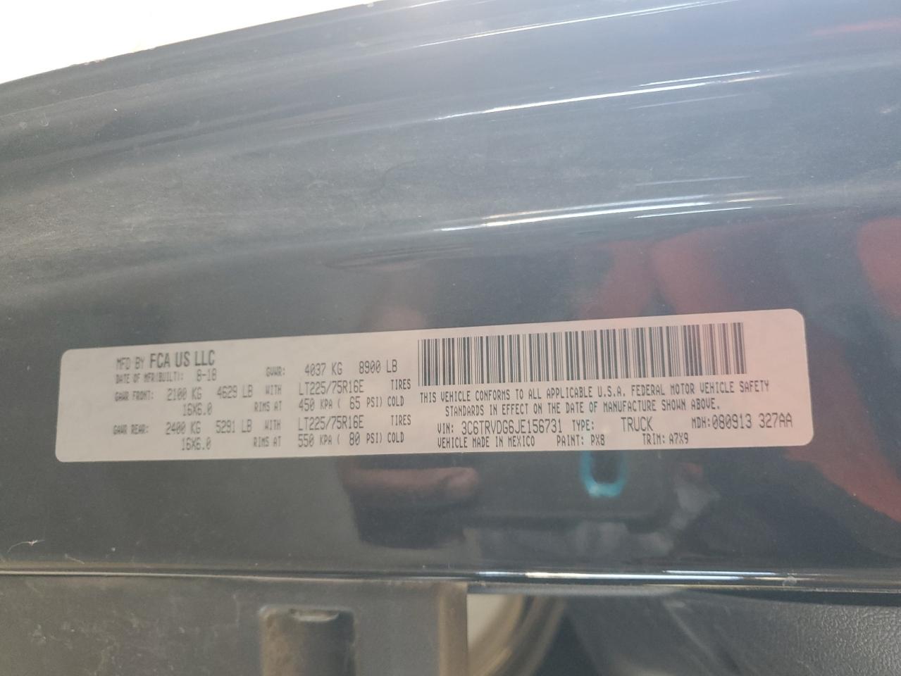 2018 Ram Promaster 2500 2500 High VIN: 3C6TRVDG6JE156731 Lot: 84432075