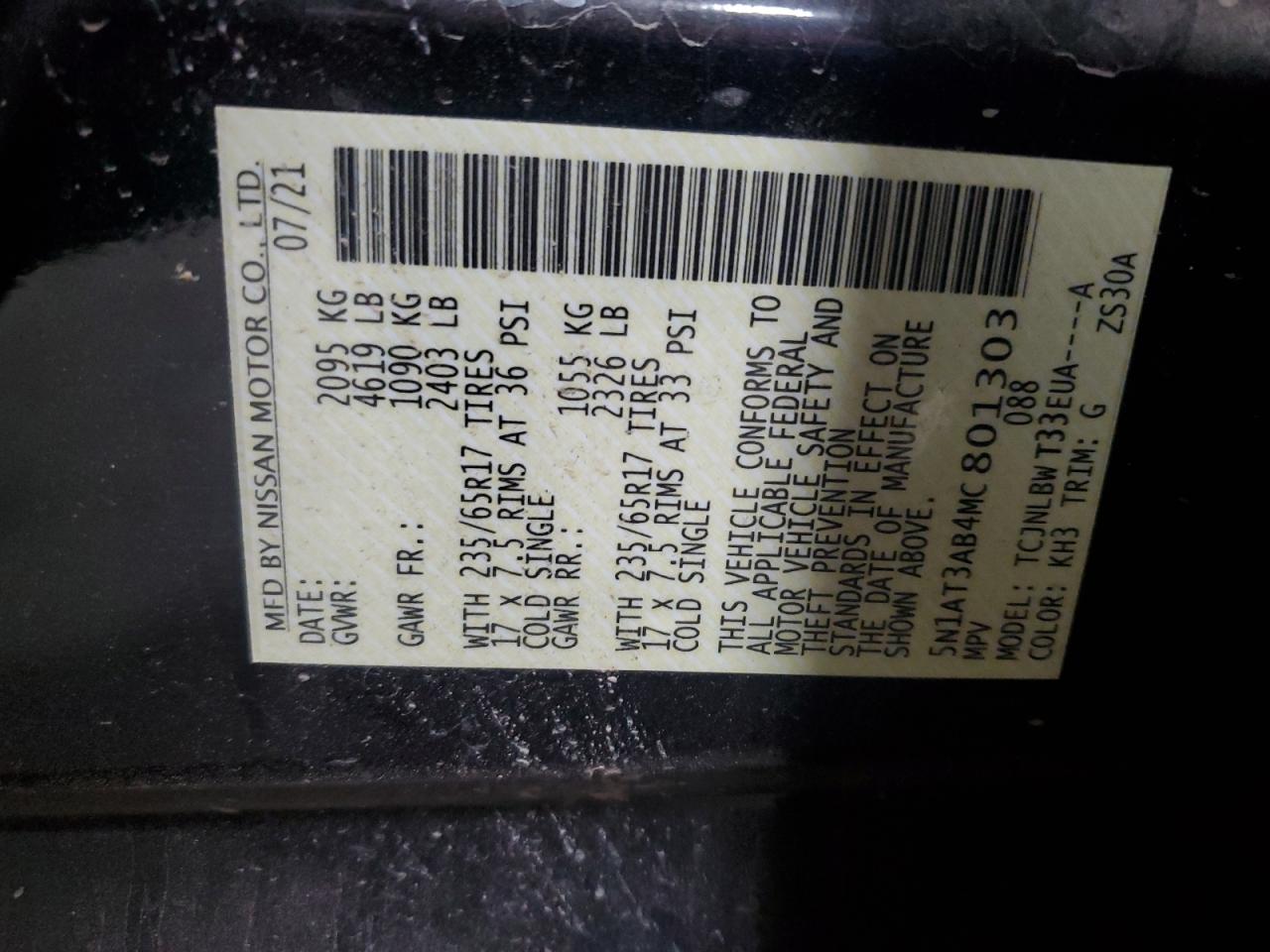 2021 Nissan Rogue S VIN: 5N1AT3AB4MC801303 Lot: 81547955