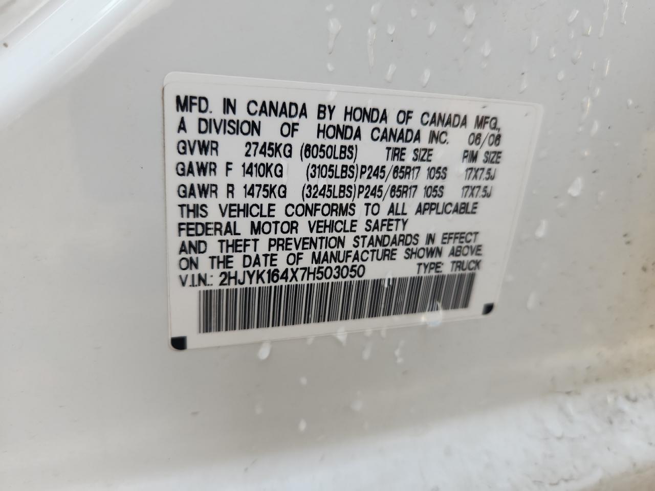 2007 Honda Ridgeline Rts VIN: 2HJYK164X7H503050 Lot: 81274005