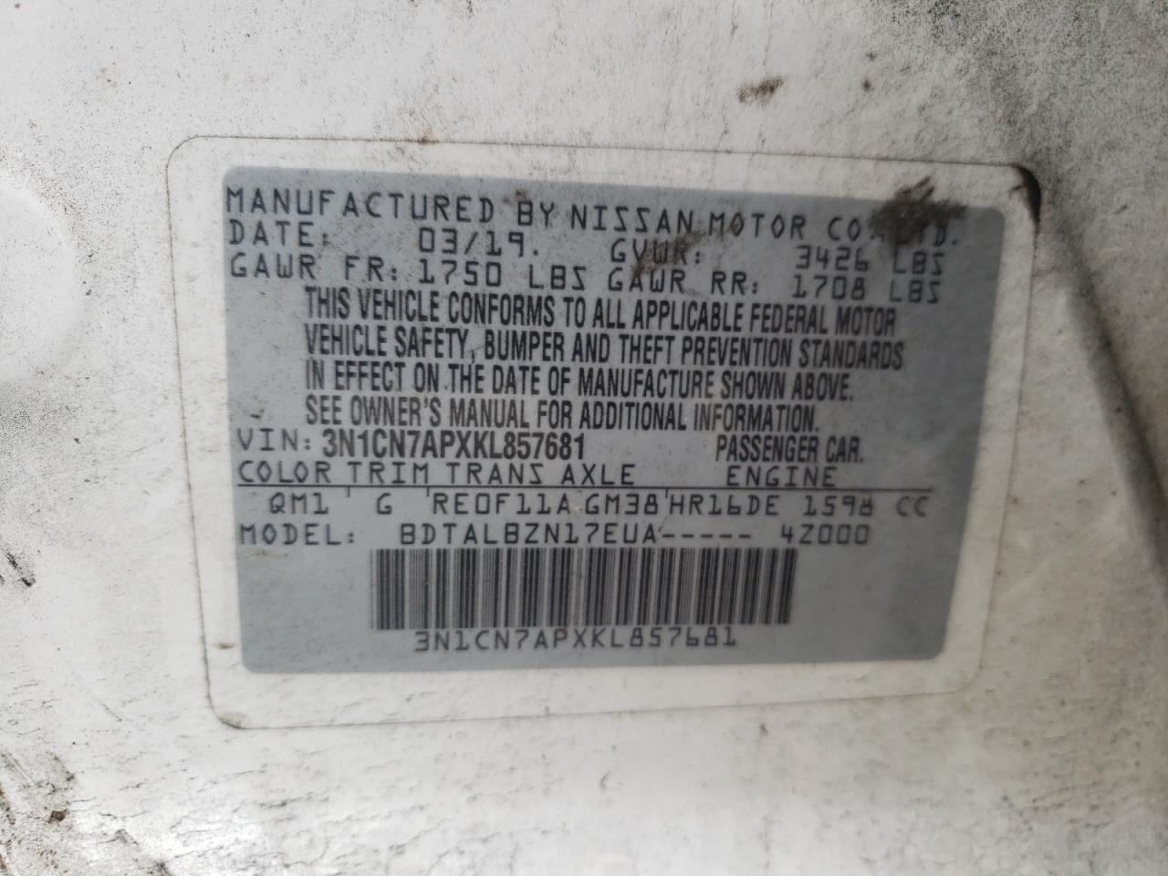 2019 Nissan Versa S VIN: 3N1CN7APXKL857681 Lot: 84271985