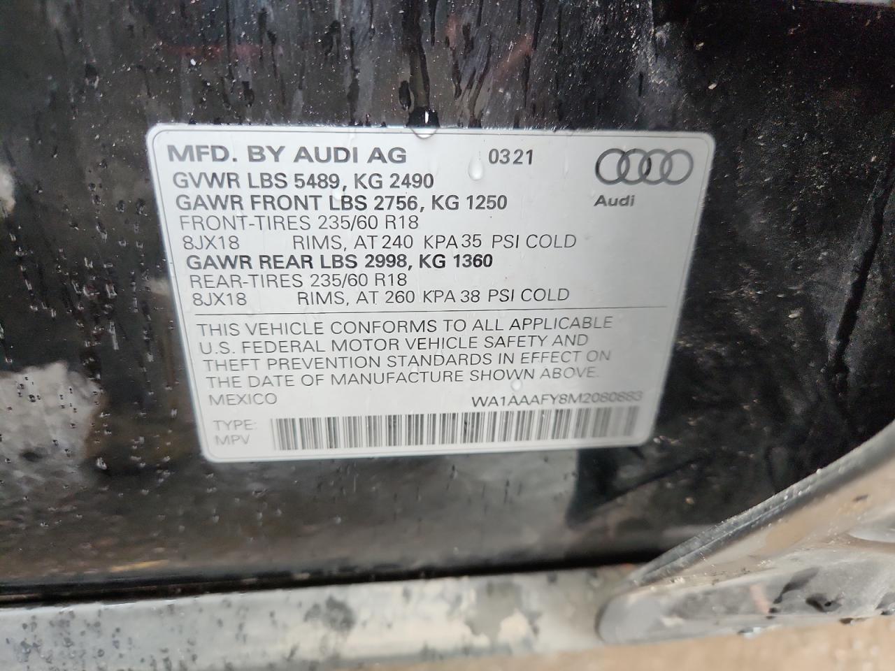 2021 Audi Q5 Premium VIN: WA1AAAFY8M2080883 Lot: 80997915