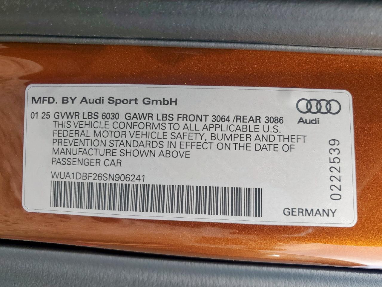 2025 Audi Rs6 VIN: WUA1DBF26SN906241 Lot: 84049075