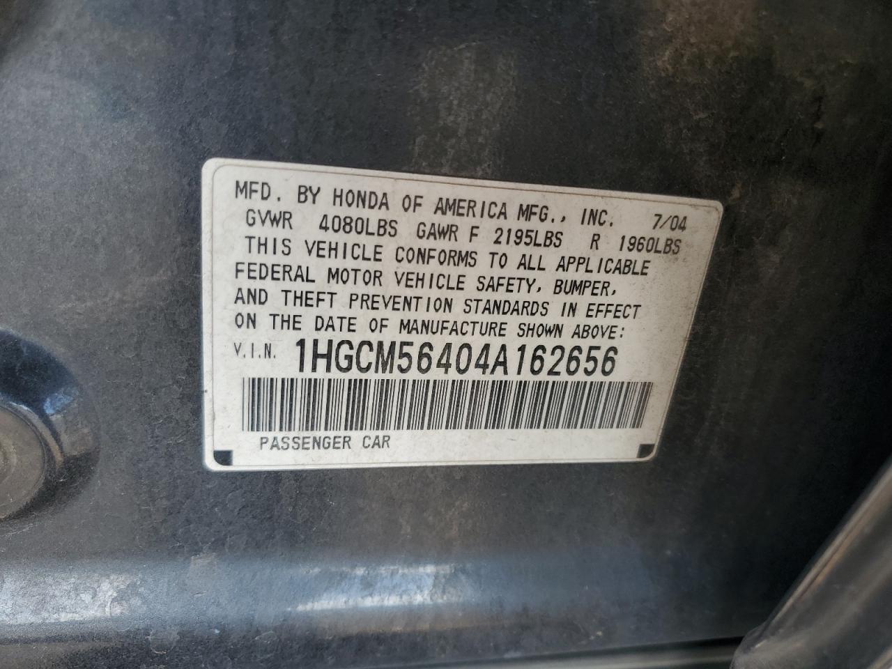 2004 Honda Accord Lx VIN: 1HGCM56404A162656 Lot: 81115655