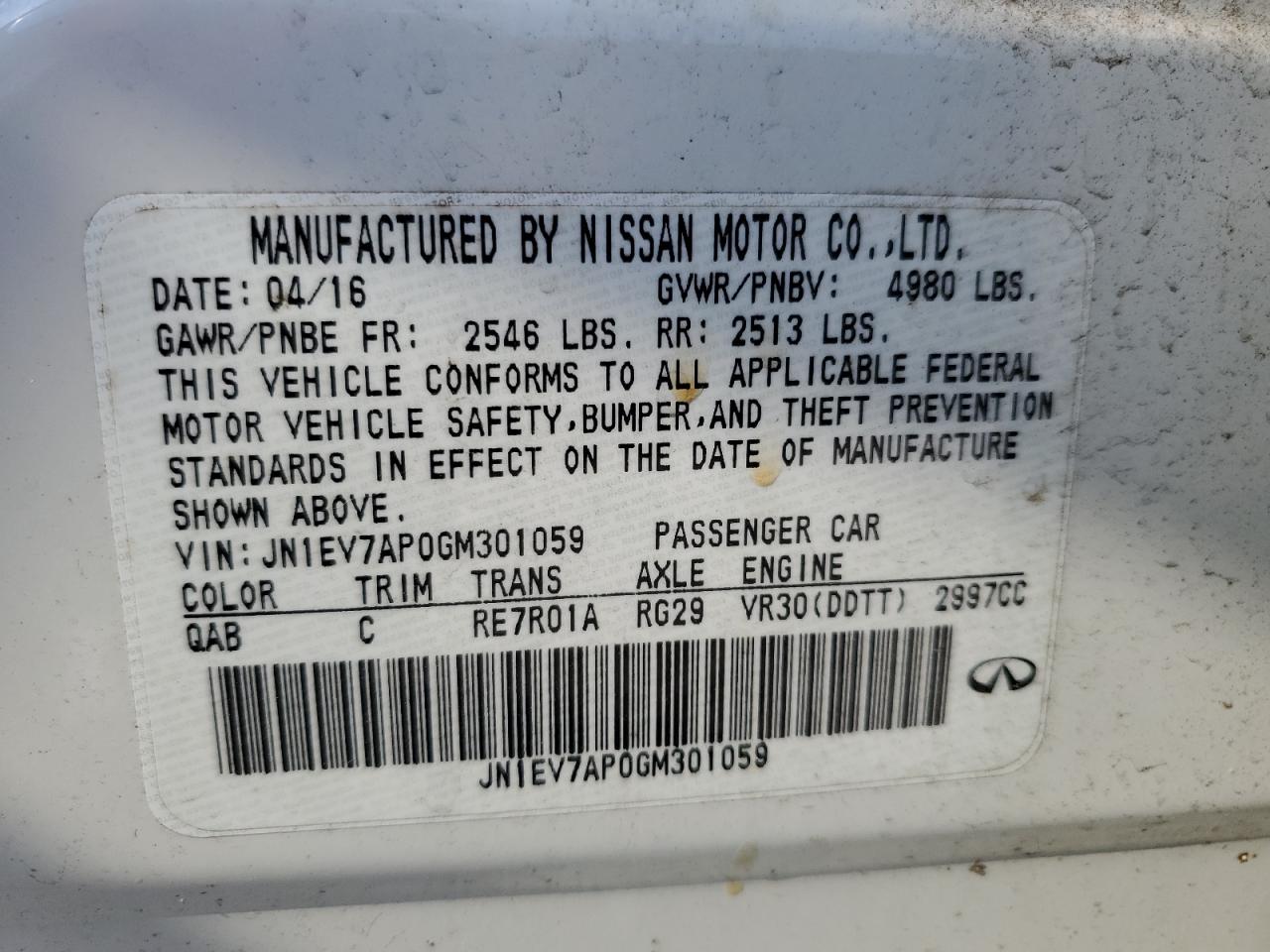 2016 Infiniti Q50 Premium VIN: JN1EV7AP0GM301059 Lot: 80717665