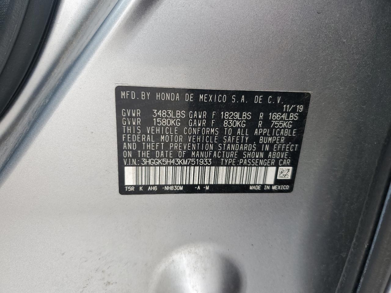 2019 Honda Fit Lx VIN: 3HGGK5H43KM751933 Lot: 84745875