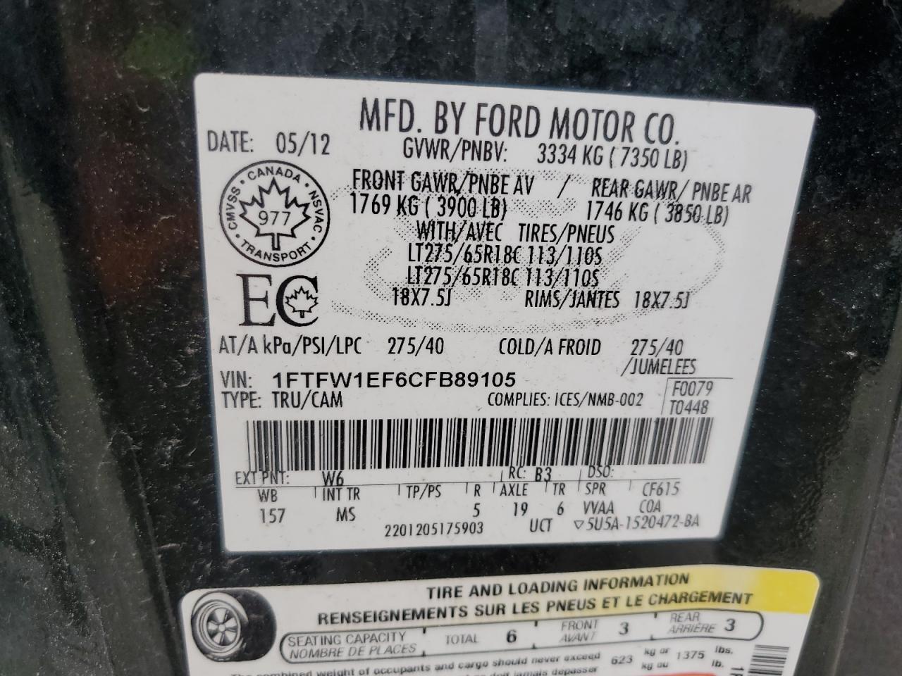 2012 Ford F150 Supercrew VIN: 1FTFW1EF6CFB89105 Lot: 80148025