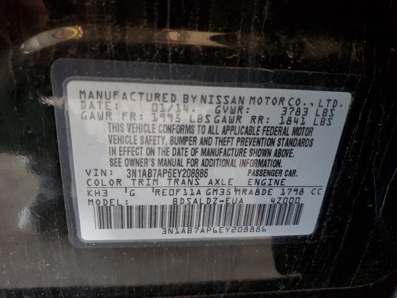 2014 Nissan Sentra S VIN: 3N1AB7AP6EY208886 Lot: 82073445