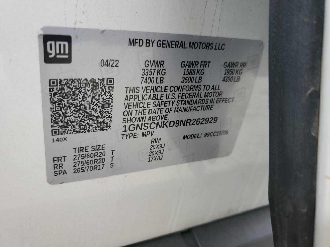 2022 Chevrolet Tahoe C1500 Lt VIN: 1GNSCNKD9NR262929 Lot: 84642315