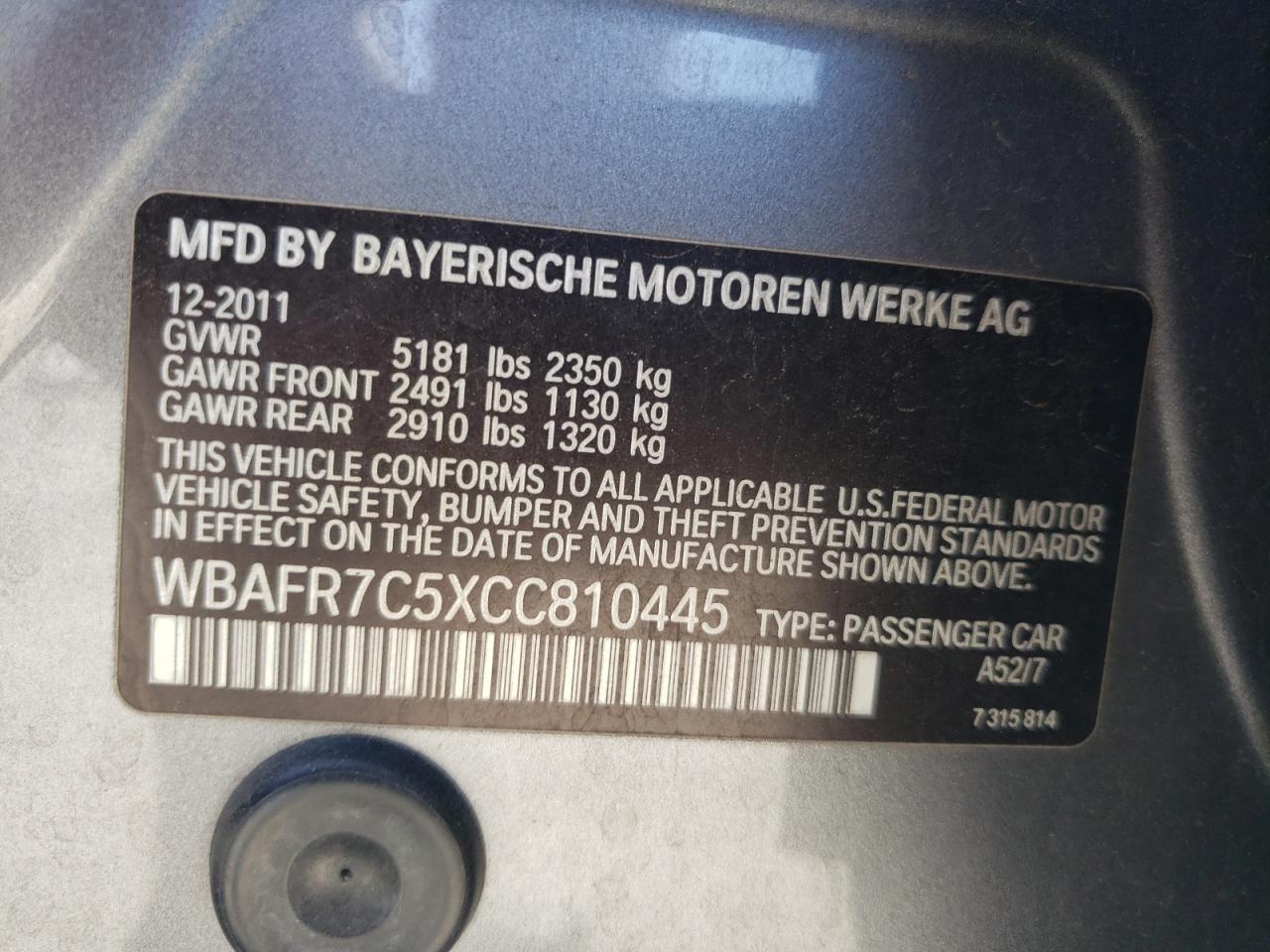 2012 BMW 535 I VIN: WBAFR7C5XCC810445 Lot: 71459025