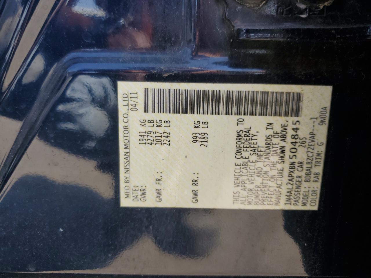 2011 Nissan Altima Base VIN: 1N4AL2APXBN504845 Lot: 70473235