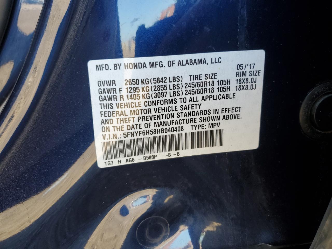 2017 Honda Pilot Exl VIN: 5FNYF6H58HB040408 Lot: 81751345