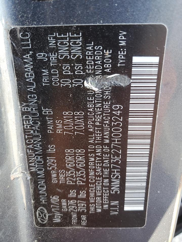 2007 Hyundai Santa Fe Se VIN: 5NMSH73E27H003249 Lot: 81332195