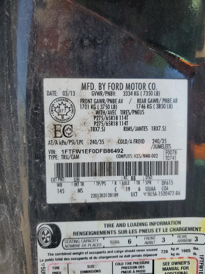 2013 Ford F150 Supercrew VIN: 1FTFW1EF0DFB86492 Lot: 81598795