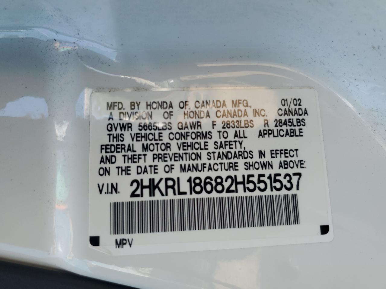 2002 Honda Odyssey Ex VIN: 2HKRL18682H551537 Lot: 84208275