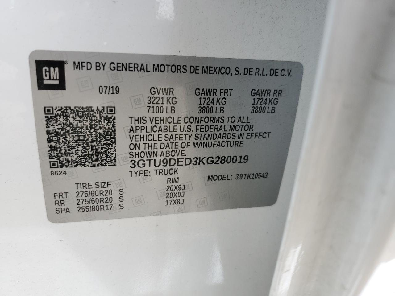 2019 GMC Sierra K1500 Slt VIN: 3GTU9DED3KG280019 Lot: 81797195