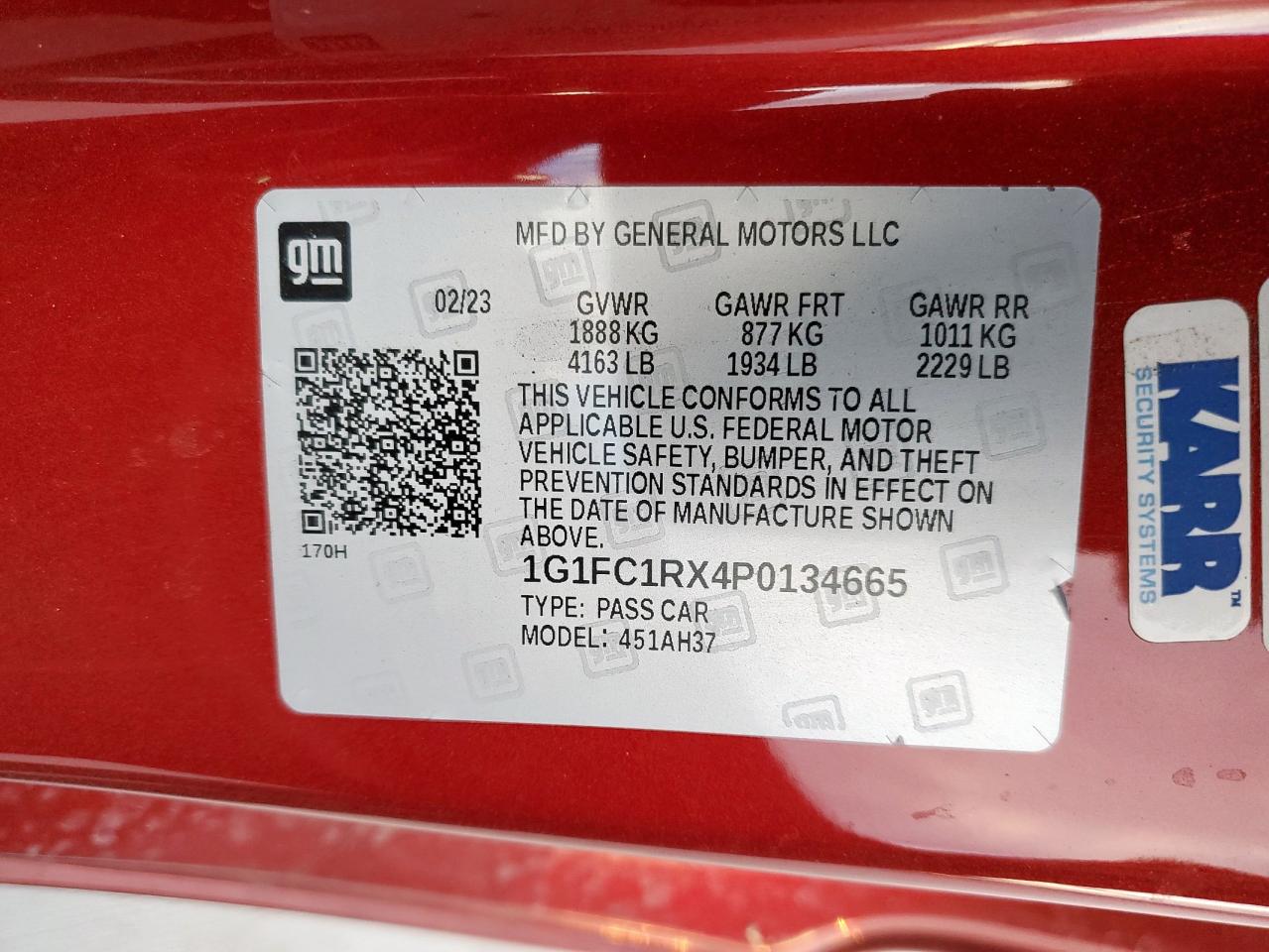 2023 Chevrolet Camaro Lt VIN: 1G1FC1RX4P0134665 Lot: 81875775