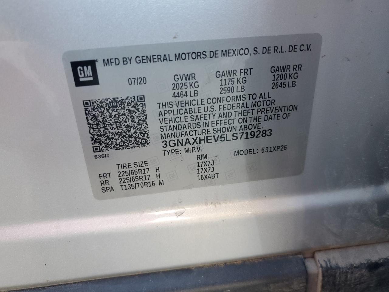 2020 Chevrolet Equinox Ls VIN: 3GNAXHEV5LS719283 Lot: 70835865