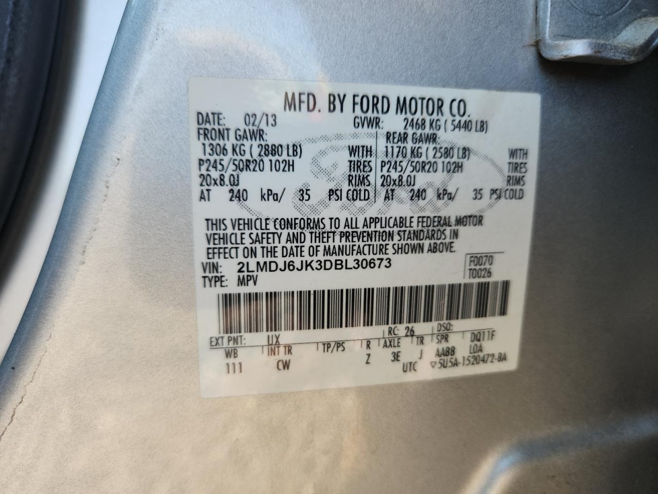 2013 Lincoln Mkx VIN: 2LMDJ6JK3DBL30673 Lot: 84272375