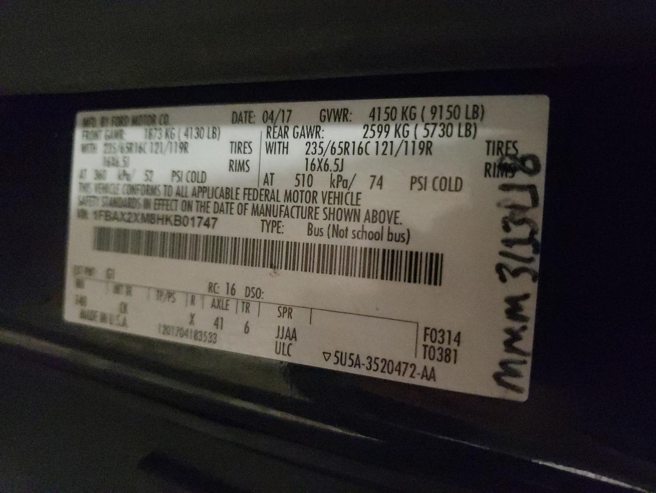 2017 Ford Transit T-350 VIN: 1FBAX2XM8HKB01747 Lot: 81422385