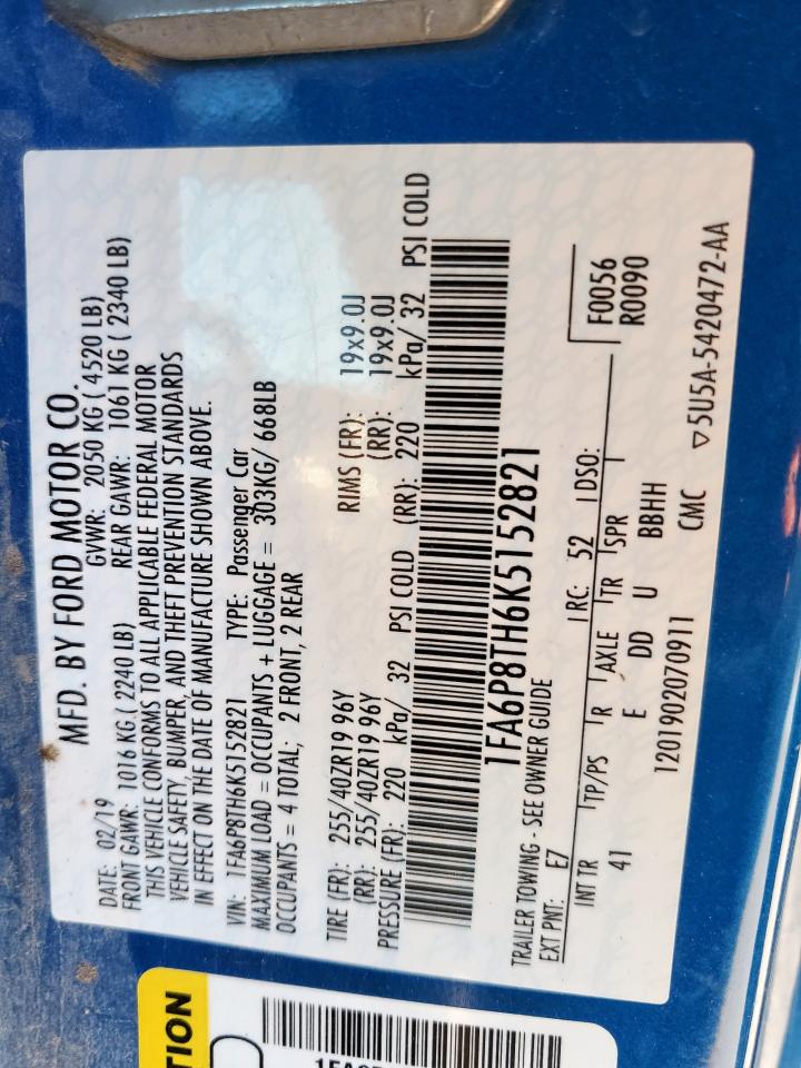 2019 Ford Mustang VIN: 1FA6P8TH6K5152821 Lot: 81040745