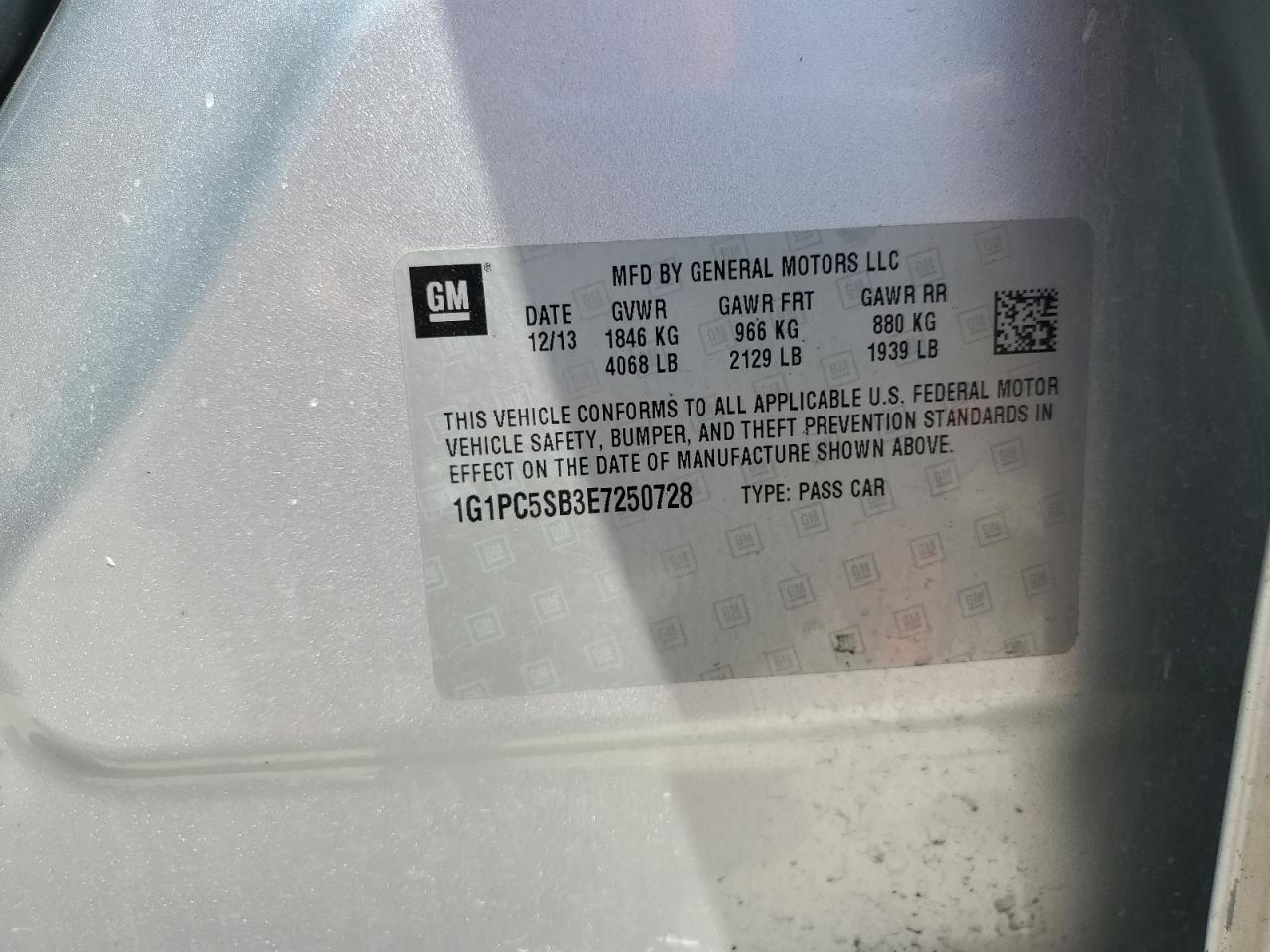 2014 Chevrolet Cruze Lt VIN: 1G1PC5SB3E7250728 Lot: 69264345