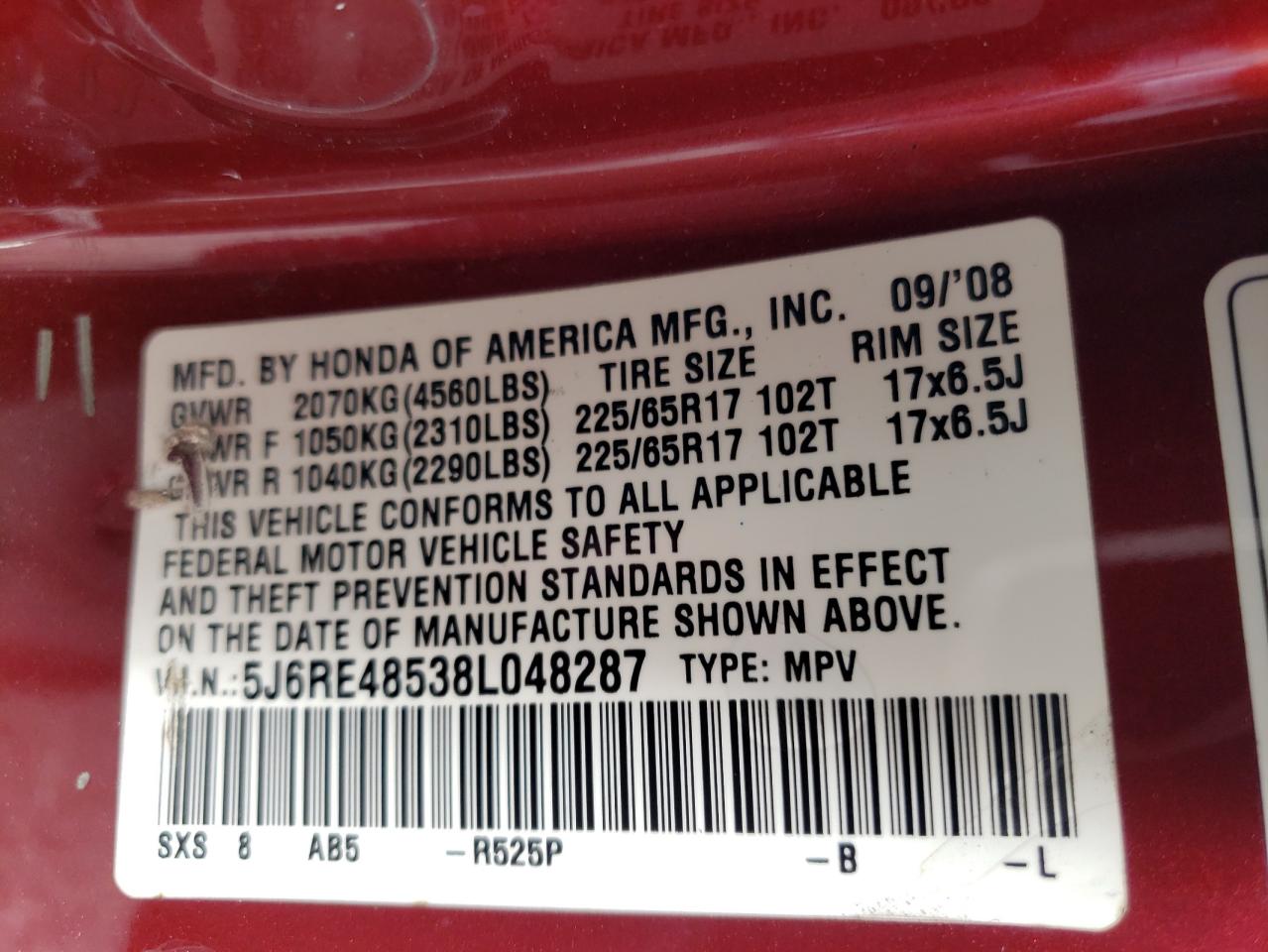 2008 Honda Cr-V Ex VIN: 5J6RE48538L048287 Lot: 81543165